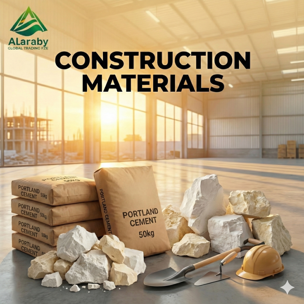 Construction materials display featuring stacked cement bags and raw limestone rocks in a sunlit warehouse with the text Construction Materials.