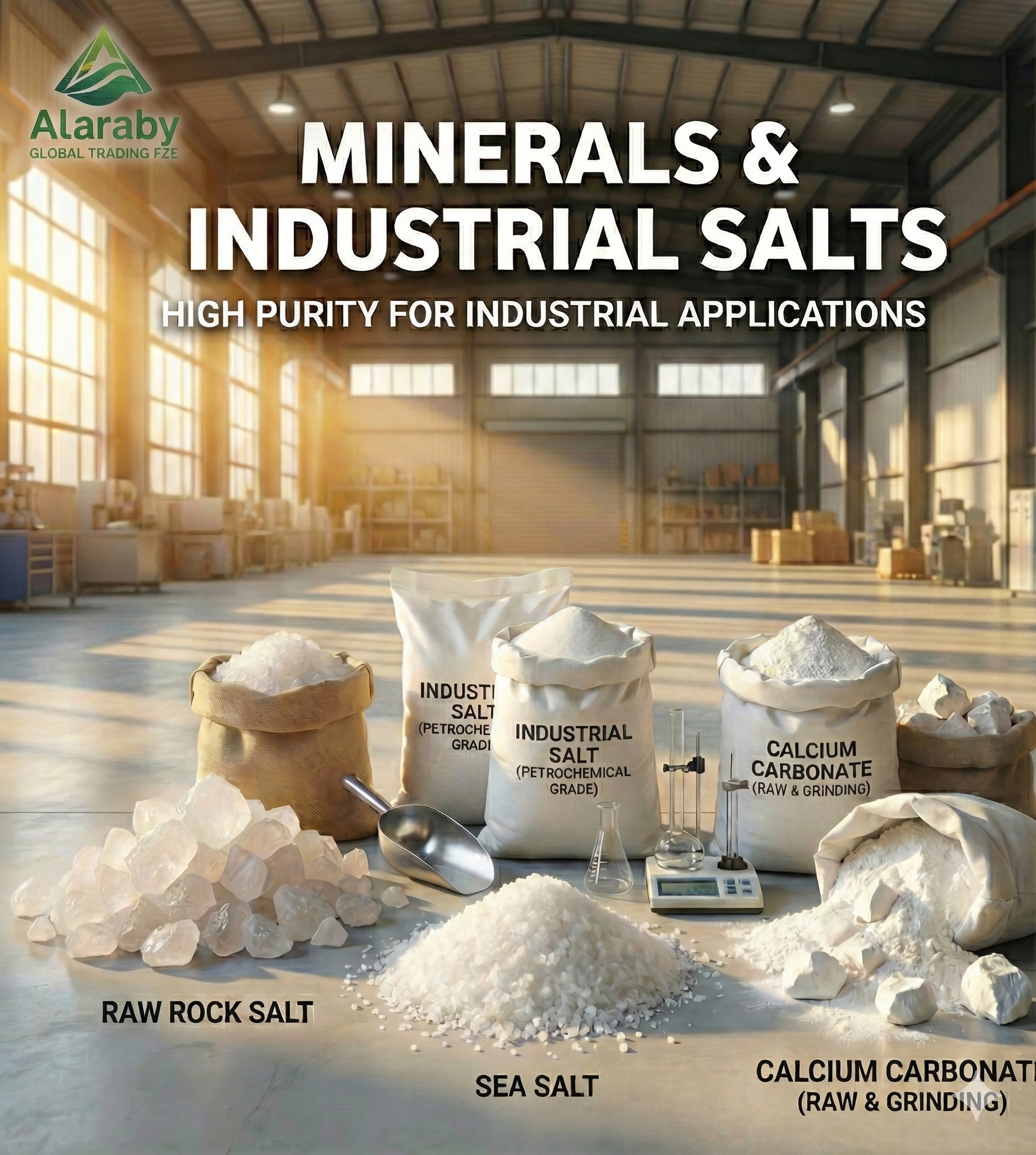 Display of industrial minerals including raw rock salt, sea salt, and calcium carbonate in a sunlit warehouse with the Alaraby Global Trading FZE logo.