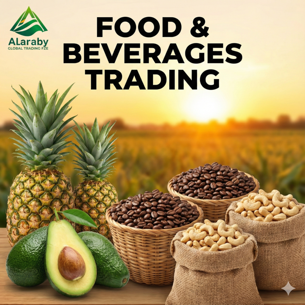 AlAraby-Global-Trading-Logistics-Supply-Chain-Services AlAraby Global Trading FZE official graphic featuring the corporate logo, global logistics network, cargo ships, planes, and trucks with text listing Import, Export, and Supply Chain services.