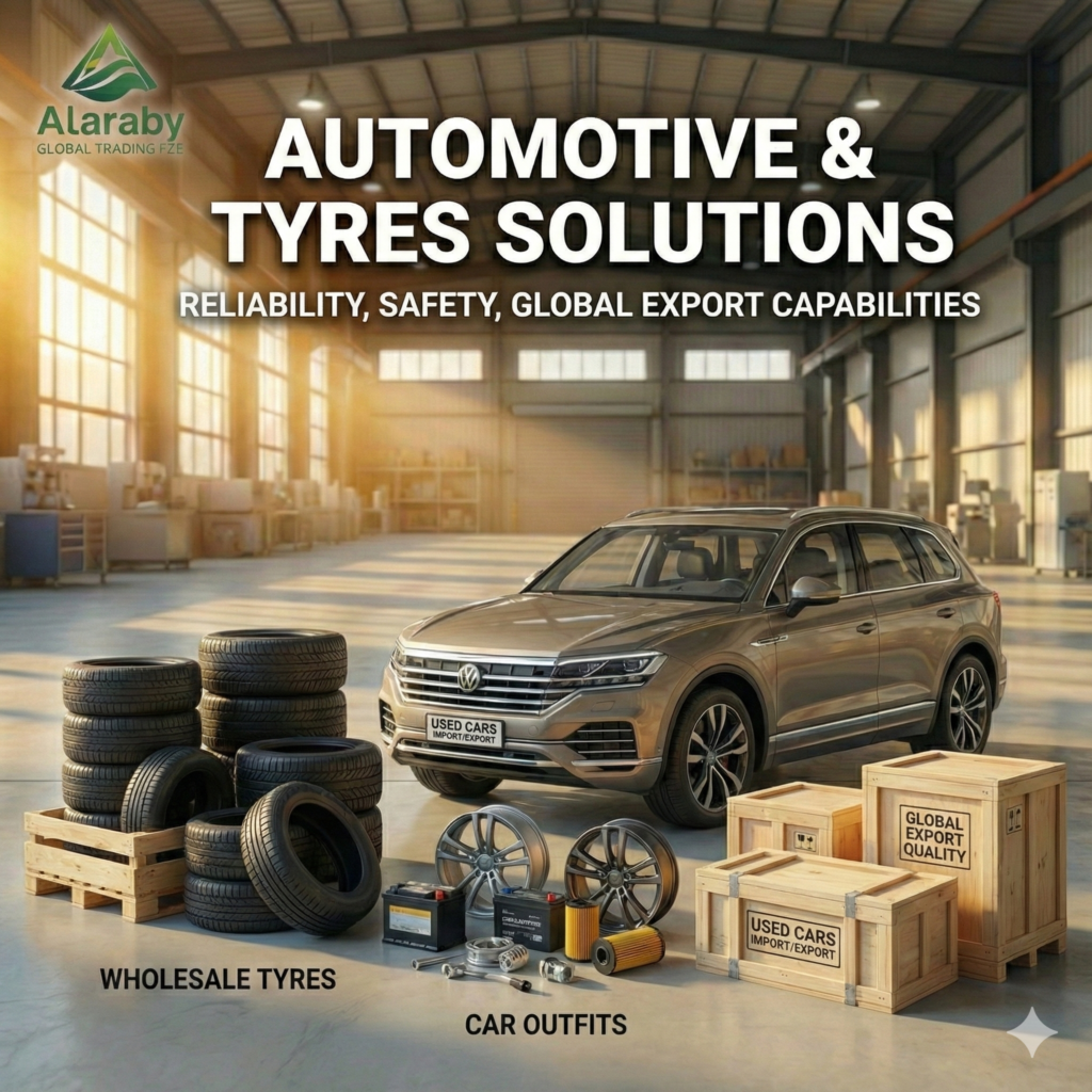 Automotive and Tyres Global Export Solutions Modern SUV and stack of wholesale tires in a sunlit warehouse with Alaraby Global Trading FZE logo and Automotive & Tyres Solutions text.